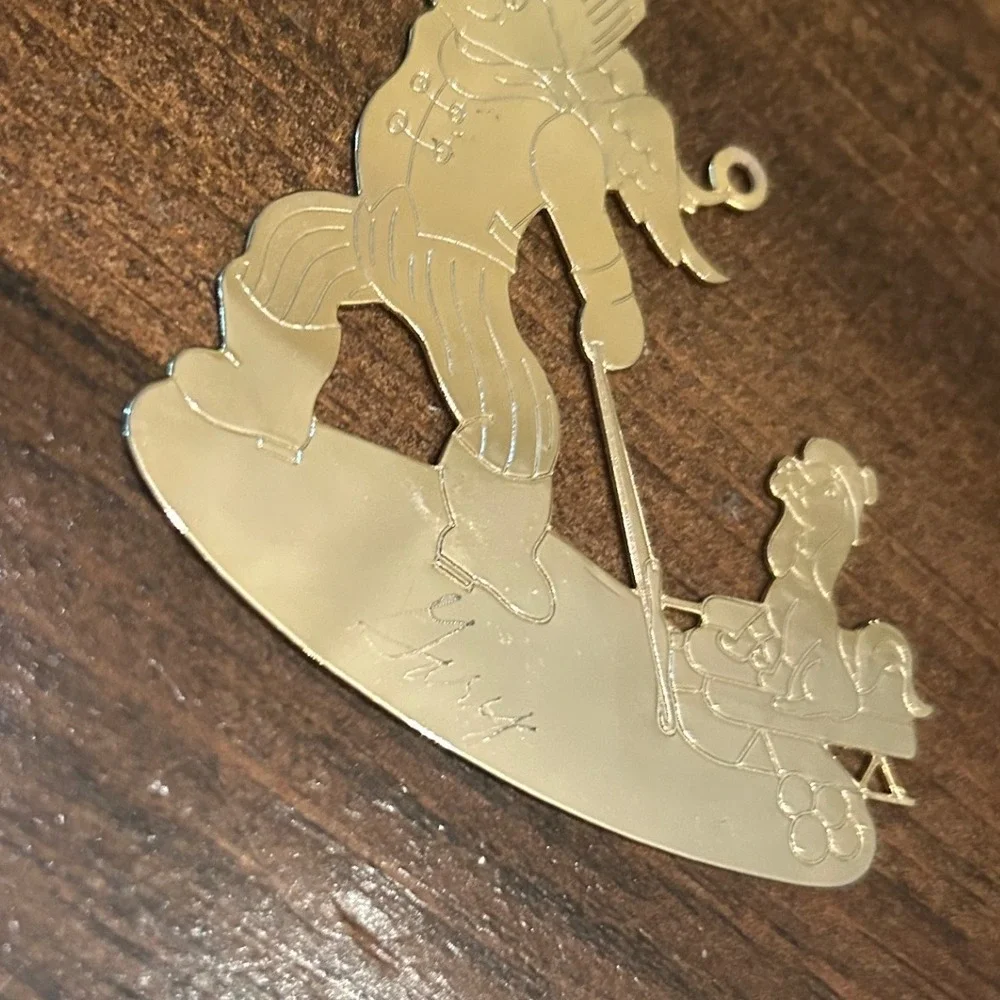 Vintage Gold Christmas Tree Ornament Boy Pulling Dog Sled Gift‎ Engraved Gary